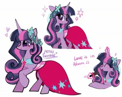 Size: 2048x1623 | Tagged: safe, artist:petaltwinkle, derpibooru import, twilight sparkle, pony, unicorn, a canterlot wedding, alternate hairstyle, bridesmaid dress, clothes, dress, eyes closed, female, glow, glowing horn, heart, horn, image, jpeg, levitation, love is in bloom, magic, mare, microphone, open mouth, open smile, simple background, smiling, solo, sparkles, telekinesis, unicorn twilight, white background