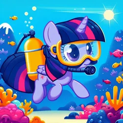 Size: 1024x1024 | Tagged: safe, derpibooru import, machine learning generated, twilight sparkle, twilight sparkle (alicorn), alicorn, fish, pony, ai content, air tank, alternate cutie mark, bubble, dive mask, female, folded wings, generator:bing image creator, goggles, image, jpeg, mare, ocean, oxygen tank, scuba diving, scuba gear, scuba tank, solo, swimming, underwater, water, wings, wrong cutie mark