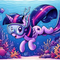 Size: 1024x1024 | Tagged: safe, derpibooru import, machine learning generated, twilight sparkle, twilight sparkle (alicorn), alicorn, fish, pony, ai content, air tank, alternate cutie mark, bubble, dive mask, female, flowing tail, folded wings, generator:bing image creator, goggles, image, jpeg, mare, ocean, solo, swimming, tail, underwater, water, wings, wrong cutie mark