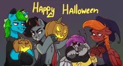 Size: 1776x958 | Tagged: safe, artist:sonyager, derpibooru import, oc, unofficial characters only, pegasus, pony, unicorn, clothes, colt, costume, female, halloween, halloween costume, holiday, image, male, png, pumpkin, scared