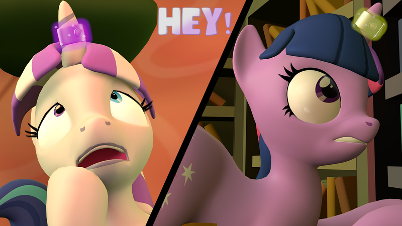 Size: 3840x2160 | Tagged: suggestive, artist:olkategrin, derpibooru import, twilight sparkle, pony, unicorn, comic:no moaning in the library, 3d, bend over, bent over, book, bookshelf, butt, comic, daughter, dialogue, english, female, golden oaks library, gritted teeth, half-closed eyes, heterochromia, image, large butt, levitation, library, looking at self, looking at something, looking up, magic, magic aura, magic suppression, mare, open mouth, png, room, scared, screaming, sitting, source filmmaker, split screen, standing, surprised, tail, tail aside, talking, teeth, telekinesis, text, two sides