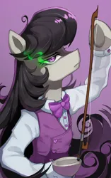 Size: 1879x2996 | Tagged: safe, artist:astralblues, derpibooru import, octavia melody, earth pony, pony, bow (instrument), bowtie, clothes, disguise, disguised changeling, equestria girls outfit, eyebrows, fangs, female, g4, high res, image, looking at you, mare, png, profile, raised hoof, simple background, solo, underhoof