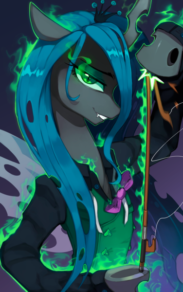 Size: 1879x2996 | Tagged: safe, artist:astralblues, derpibooru import, queen chrysalis, changeling, changeling queen, bow (instrument), eyebrows, fangs, female, fire, g4, green fire, high res, horn, image, looking at you, magic, png, profile, raised hoof, smiling, smiling at you, solo, underhoof