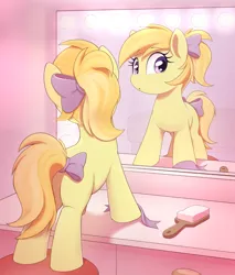Size: 3400x4000 | Tagged: safe, artist:thebatfang, ponerpics import, noi, earth pony, pony, alternate hairstyle, blushing, bow, brush, cute, dresser, female, filly, hair bow, hairbrush, image, looking at you, mirror, png, ponytail, ribbon, solo, stool, tail bow