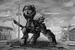 Size: 2000x1320 | Tagged: safe, artist:uteuk, derpibooru import, earth pony, armor, black and white, grayscale, image, jpeg, knife, monochrome, stalcraft, weapon