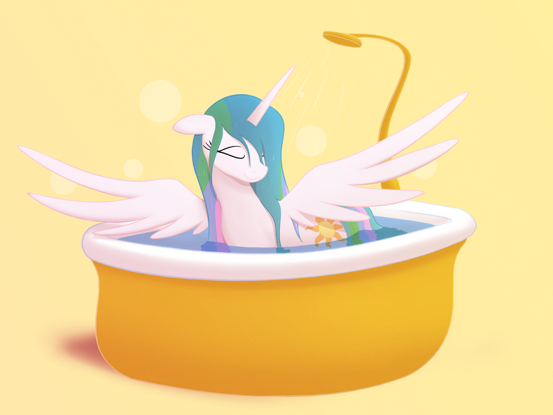 Size: 4418x3320 | Tagged: safe, artist:algoatall, ponerpics import, princess celestia, alicorn, bath, eyes closed, image, png, simple background, solo, spread wings, water, wet, wet mane, wings