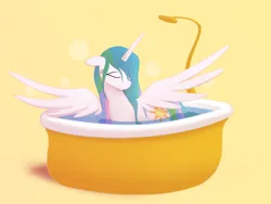 Size: 4418x3320 | Tagged: safe, artist:somethingatall, ponerpics import, princess celestia, alicorn, bath, eyes closed, image, png, simple background, solo, spread wings, water, wet, wet mane, wings
