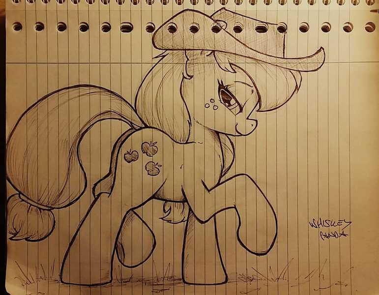 Size: 1437x1118 | Tagged: safe, artist:whiskeypanda, derpibooru import, applejack, applejack's hat, aside glance, cowboy hat, cutie mark, hat, image, ink drawing, jpeg, lined paper, looking at you, sideways glance, signature, sketch, stetson, traditional art