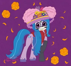 Size: 1470x1360 | Tagged: safe, artist:ismazhecat, derpibooru import, izzy moonbow, pony, unicorn, g5, catrina (calavera garbancera), cempasúchil, dia de los muertos, hat, image, looking at you, png