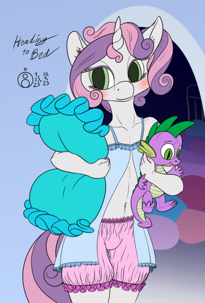 Size: 1016x1500 | Tagged: safe, artist:sepiakeys, derpibooru import, spike, sweetie belle, anthro, bloomers, blushing, clothes, image, nightgown, plushie, png, solo