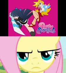 Size: 3192x3542 | Tagged: episode needed, safe, edit, edited screencap, ponerpics import, ponybooru import, screencap, fluttershy, human, pegasus, pony, anarchy panty, anarchy stocking, female, gun, handgun, image, panty and stocking with garterbelt, pistol, png, sword, unamused, weapon