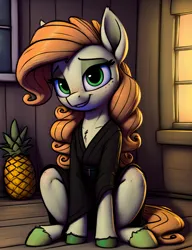 Size: 1280x1664 | Tagged: safe, artist:darbarri, derpibooru import, machine learning assisted, earth pony, ai content, clothes, curly hair, derpibooru exclusive, food, hooves, image, kimono (clothing), lidded eyes, looking at you, pineapple, png, sitting, smiling
