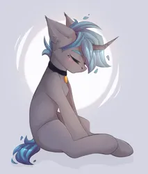 Size: 1024x1200 | Tagged: safe, artist:milkysy, derpibooru import, oc, oc:nightalis, unofficial characters only, pony, unicorn, blushing, collar, eyes closed, female, floppy ears, image, mare, png, simple background, solo