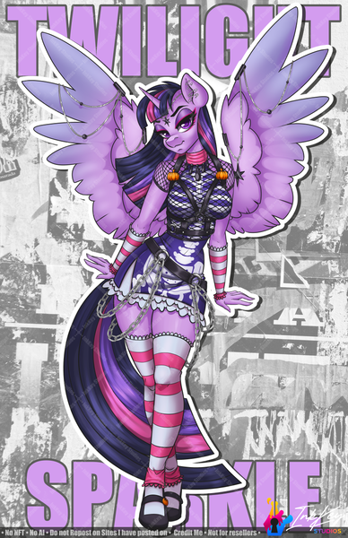 Size: 792x1224 | Tagged: safe, artist:inkkeystudios, derpibooru import, twilight sparkle, twilight sparkle (alicorn), alicorn, anthro, chains, clothes, dress, fishnets, gameloft, gloves, image, jewelry, makeup, png, socks, solo, striped socks, thigh highs, wings