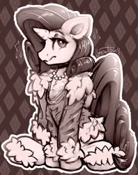 Size: 877x1106 | Tagged: safe, artist:llametsul, derpibooru import, rarity, pony, unicorn, chest fluff, clothes, coat, fluffy, image, jewelry, monochrome, necklace, pearl necklace, png, signature, solo