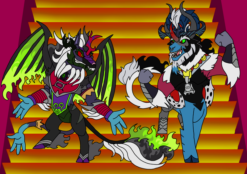 Size: 1414x1000 | Tagged: safe, artist:zetikoopa, derpibooru import, ahuizotl, grogar, king sombra, lord tirek, pony of shadows, storm king, oc, oc:alastor, oc:dark havok, oc:keiran, oc:phantom infinite, centaur, taur, my little pony: the movie, bell, fusion, fusion:ahuizotl, fusion:dark havok, fusion:grogar, fusion:king sombra, fusion:lord tirek, fusion:phantom infinite, fusion:pony of shadows, fusion:storm king, grogar's bell, image, it's tough to be a god, male, png, road to el dorado, song