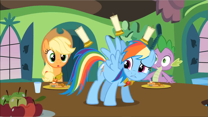 Size: 1177x664 | Tagged: safe, derpibooru import, screencap, applejack, rainbow dash, spike, dragon, earth pony, pegasus, pony, keep calm and flutter on, apple, candle, candlestick, element of loyalty, female, food, image, male, mare, png, you know for kids