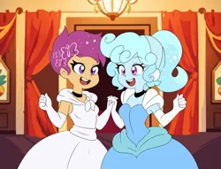 Size: 1280x978 | Tagged: safe, artist:lirudraw, derpibooru import, scootaloo, oc, oc:jemimasparkle, human, equestria girls, alternate hairstyle, ballroom, chibi, cinderella, clothes, dress, duo, evening gloves, female, gloves, gown, holding hands, image, jpeg, long gloves, open mouth, open smile, smiling