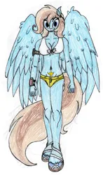 Size: 3507x5963 | Tagged: suggestive, artist:alabastoramril, derpibooru import, oc, oc:lusty symphony, unofficial characters only, anthro, pegasus, plantigrade anthro, agent alabastor amril, anime style, breasts, clothes, daisy dukes, ear piercing, earring, female, image, jewelry, jpeg, midriff, music player, nudity, partial nudity, pegasus oc, piercing, sandals, shorts, simple background, solo, solo female, tattoo, traditional art, white background, wings, womb tattoo