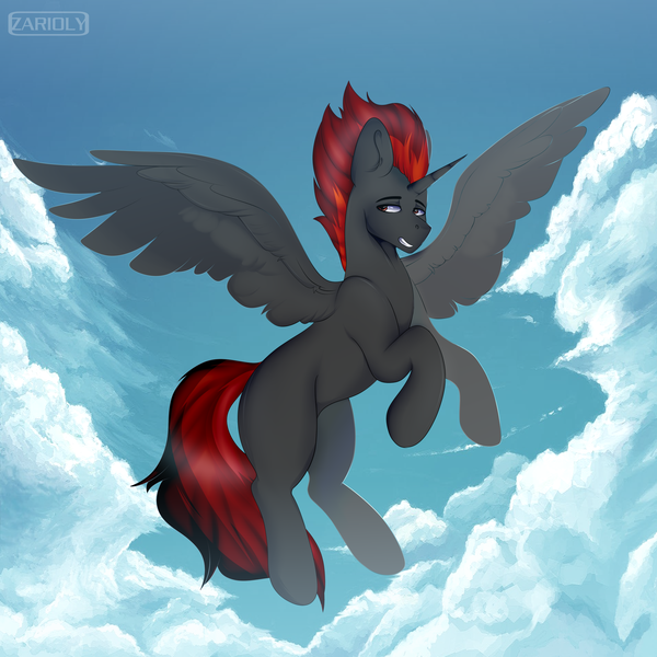 Size: 3000x3000 | Tagged: safe, artist:zarioly, derpibooru import, oc, oc:solar firedawn, alicorn, pony, cloud, flying, full body, image, looking back, male, png, sky, smiling, solo, solo male