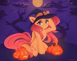 Size: 5000x4000 | Tagged: safe, artist:stravy_vox, derpibooru import, fluttershy, pegasus, pony, cute, female, halloween, hat, holiday, image, looking at you, mare, moon, png, pumpkin, shyabetes, sitting, smiling