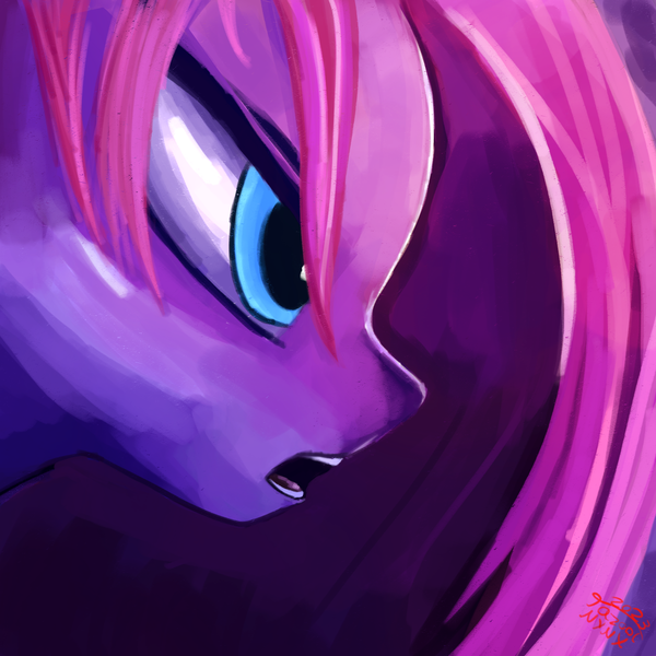 Size: 1500x1500 | Tagged: safe, artist:tazool, derpibooru import, pinkie pie, earth pony, pony, bust, female, image, intense, mare, open mouth, painting, pinkamena diane pie, png, portrait, profile, serious, solo
