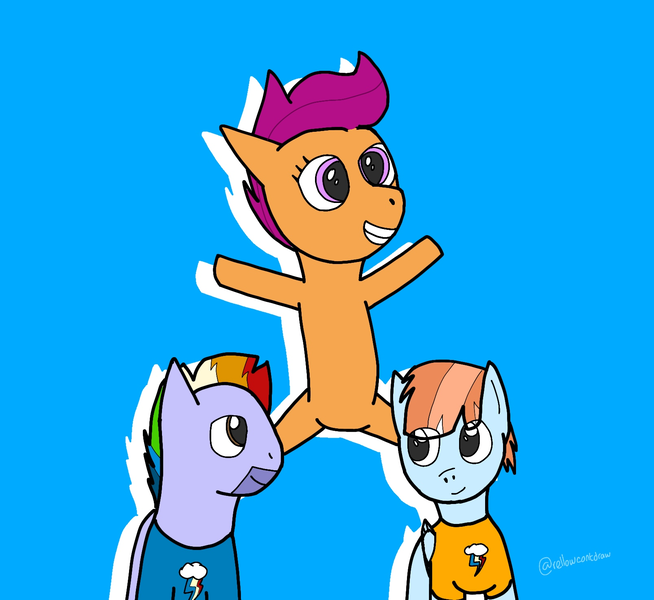 Size: 1607x1475 | Tagged: safe, artist:rellowcantdraw, derpibooru import, bow hothoof, scootaloo, windy whistles, pegasus, pony, adopted, adopted offspring, alternate clothes, ballet, blue background, family, father and child, father and daughter, female, filly, foal, grin, image, male, mare, mother and child, mother and daughter, newbie artist, png, scootadoption, scootalove, simple background, smiling, split, stallion, trio