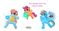 Size: 1280x673 | Tagged: safe, artist:kahn101, derpibooru import, rainbow dash, scootaloo, windy whistles, pegasus, pony, adopted, adopted offspring, dragon ball, family, female, filly, foal, freckles, grin, image, mare, mother and child, mother and daughter, png, powerball, sans (undertale), scootadoption, siblings, sisters, smiling, trio, undertale