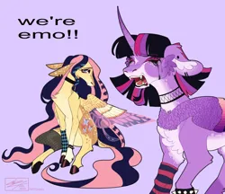 Size: 2048x1766 | Tagged: safe, artist:sakishithewolf, derpibooru import, fluttershy, twilight sparkle, twilight sparkle (alicorn), alicorn, pegasus, pony, alternate design, duo, emo, emo twilight, emoshy, image, meme, png, purple background, redraw, simple background, twitterina design, unicorn beard, we're emo