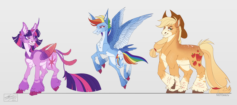 Size: 2048x914 | Tagged: safe, artist:sakishithewolf, derpibooru import, applejack, rainbow dash, twilight sparkle, alicorn, earth pony, pegasus, pony, alternate design, image, jpeg, leonine tail, redesign, scar, tail, trio, twitterina design, unicorn beard