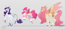 Size: 2048x935 | Tagged: safe, artist:sakishithewolf, derpibooru import, fluttershy, pinkie pie, rarity, earth pony, pegasus, pony, unicorn, alternate design, image, jpeg, leonine tail, redesign, tail, twitterina design, unicorn beard