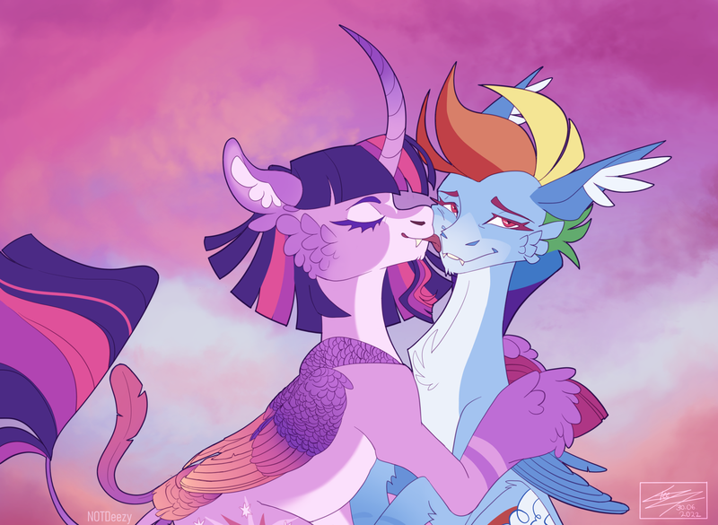 Size: 2048x1497 | Tagged: safe, artist:sakishithewolf, derpibooru import, rainbow dash, twilight sparkle, twilight sparkle (alicorn), alicorn, pegasus, pony, alternate design, curved horn, duo, face licking, female, horn, image, lesbian, licking, png, shipping, tongue out, twidash, twitterina design