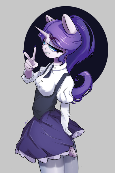 Size: 1852x2788 | Tagged: safe, artist:i love hurt, derpibooru import, rarity, anthro, unicorn, alternate hairstyle, clothes, eyebrows, eyebrows visible through hair, female, g4, image, lidded eyes, looking at you, nimbus, peace sign, png, school uniform, smiling, solo