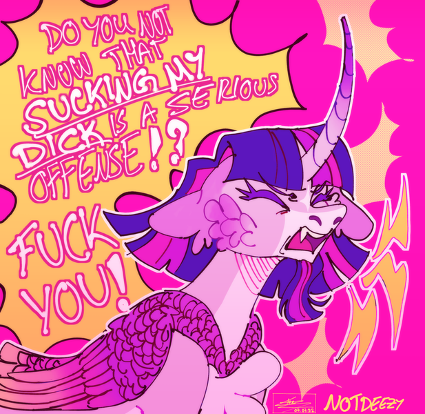 Size: 2048x1993 | Tagged: safe, artist:sakishithewolf, derpibooru import, twilight sparkle, twilight sparkle (alicorn), alicorn, pony, alternate design, curved horn, horn, image, implied blowjob, implied futa, implied oral, implied sex, png, solo, speech bubble, twitterina design, unicorn beard, vulgar, yelling