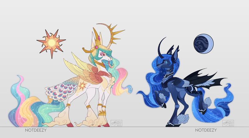 Size: 2048x1138 | Tagged: safe, artist:sakishithewolf, derpibooru import, princess celestia, princess luna, alicorn, bat pony, bat pony alicorn, pony, alternate cutie mark, alternate design, bat ponified, bat wings, coat markings, colored hooves, colored wings, curved horn, duo, ear tufts, ethereal mane, facial hair, facial markings, feathered fetlocks, female, folded wings, freckles, goatee, gradient wings, hoof shoes, horn, hybrid wings, image, jewelry, pale belly, peacock feathers, png, race swap, raised hoof, redesign, regalia, royal sisters, royalty, siblings, sisters, speedpaint available, standing, tail feathers, twitterina design, unicorn beard, unshorn fetlocks, wings