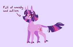 Size: 1224x792 | Tagged: safe, artist:sakishithewolf, derpibooru import, twilight sparkle, pony, unicorn, anxiety, autism, chest fluff, curved horn, hoof fluff, horn, image, leonine tail, long feather, png, purple background, simple background, solo, tail, unicorn twilight