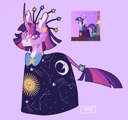 Size: 2048x1915 | Tagged: safe, artist:sakishithewolf, derpibooru import, twilight sparkle, pony, unicorn, suited for success, alternate design, clothes, dress, image, leonine tail, png, purple background, screencap reference, simple background, tail, twitterina design, unicorn twilight