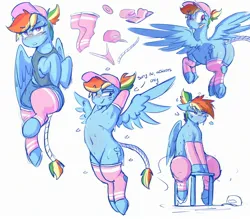 Size: 2412x2112 | Tagged: suggestive, artist:welost, derpibooru import, rainbow dash, pegasus, pony, baseball cap, blushing, butt, cap, clothes, dialogue, eye black (makeup), face paint, female, g4, hat, image, jpeg, looking back, mare, open mouth, panties, plot, rainbutt dash, simple background, sitting, smiling, solo, solo female, sweat, tail, tail wrap, text, underwear, white background