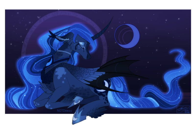 Size: 2500x1710 | Tagged: safe, artist:sakishithewolf, derpibooru import, princess luna, alicorn, pony, alternate design, chest fluff, crescent moon, crying, curved horn, eyes closed, feathered fetlocks, floppy ears, horn, hybrid wings, image, lying down, moon, png, prone, sad, solo, speedpaint available, stars, twitterina design, winged hooves, wings