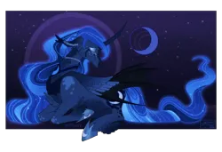 Size: 2500x1710 | Tagged: safe, artist:sakishithewolf, derpibooru import, princess luna, alicorn, pony, alternate design, chest fluff, crescent moon, crying, curved horn, eyes closed, feathered fetlocks, floppy ears, horn, hybrid wings, image, lying down, moon, png, prone, sad, solo, speedpaint available, stars, twitterina design, winged hooves, wings