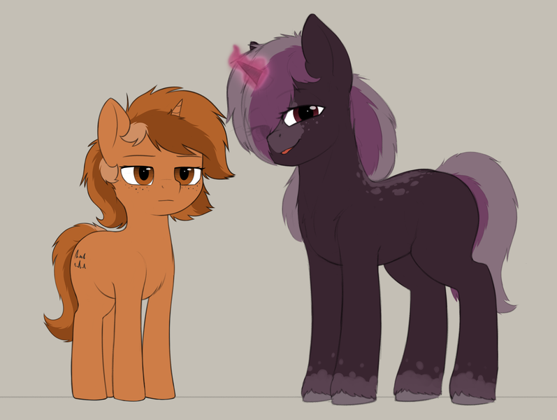 Size: 5000x3762 | Tagged: safe, artist:zippysqrl, derpibooru import, oc, oc:luxuria purpura, oc:sign, unofficial characters only, pony, unicorn, :p, :|, female, freckles, hair over one eye, height difference, image, indifferent, looking at you, multicolored hair, png, simple background, size difference, standing, tongue out, unamused, unshorn fetlocks