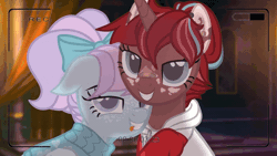 Size: 1280x720 | Tagged: safe, artist:aleksa_light, derpibooru import, oc, oc:barnburner, oc:iris breeze, unofficial characters only, pegasus, pony, unicorn, animated, bandaid, bandaid on nose, bed, bedroom eyes, blanket, blinking, blushing, bow, camera, clothes, commission, duo, ear piercing, earring, female, freckles, gif, grin, hair bow, heart, heart eyes, hoodie, image, jewelry, lesbian, mare, markings, multicolored hair, oc x oc, piercing, recording, shipping, smiling, sweater, tongue out, wingding eyes, ych result
