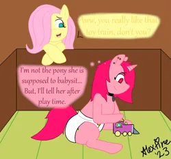 Size: 1279x1190 | Tagged: safe, artist:alexandrafire, derpibooru import, fluttershy, oc, oc:flaming azalea, pegasus, unicorn, baby, diaper, diaper fetish, female, fetish, image, png, toy, train, transgender