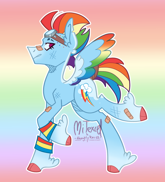 Size: 2408x2651 | Tagged: safe, derpibooru import, rainbow dash, pegasus, pony, alternate design, bandaid, blue coat, female, goggles, image, magenta eyes, mare, mohawk, multicolored hair, png, rainbow hair, redesign, short mane, short tail, solo, sweatband, tail