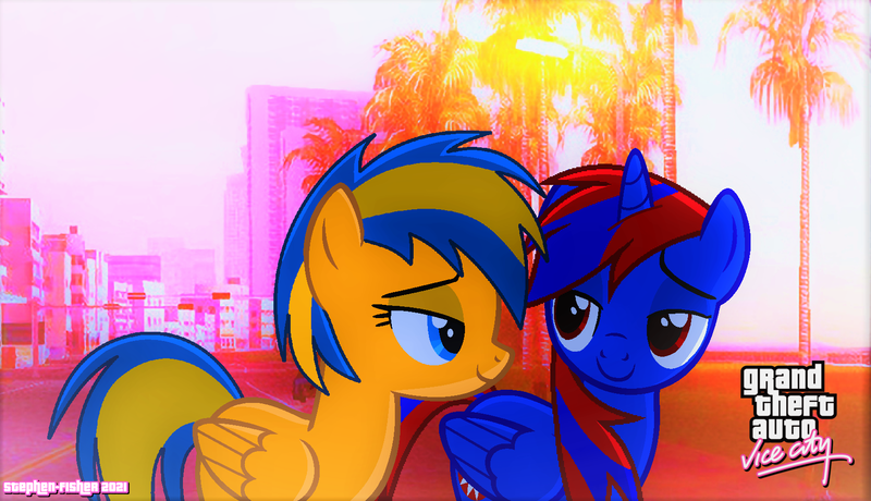 Size: 1643x945 | Tagged: safe, artist:stephen-fisher, derpibooru import, oc, oc:flare spark, oc:stephen (stephen-fisher), unofficial characters only, alicorn, pegasus, pony, alicorn oc, city, female, grand theft auto, grand theft auto vice city, horn, image, male, png, smiling, vice city, wings