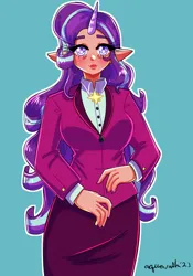 Size: 2100x3000 | Tagged: safe, artist:mylittleyuri, derpibooru import, starlight glimmer, human, the last problem, alternate hairstyle, blue background, blushing, clothes, cute, elf ears, female, glimmerbetes, horn, horned humanization, humanized, image, jpeg, nail polish, shirt, simple background, skirt, solo, suit