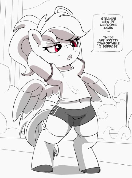 Size: 2289x3087 | Tagged: safe, artist:pabbley, derpibooru import, rainbow dash, pegasus, pony, alternate hairstyle, annoyed, belly button, bipedal, black and white, clothes, cute, dashabetes, eyebrows, eyebrows visible through hair, female, grayscale, hooves behind head, image, jpeg, mare, monochrome, partial color, ponytail, shirt, shorts, simple background, solo, speech bubble, white background