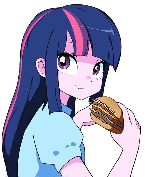 Size: 1713x2048 | Tagged: safe, artist:cheesesauce_45, derpibooru import, twilight sparkle, human, equestria girls, :t, burger, cheeseburger, eating, female, food, g4, hamburger, image, jpeg, looking back, simple background, solo, that pony sure does love burgers, twilight burgkle, white background