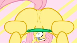 Size: 1280x720 | Tagged: suggestive, artist:stoic5, artist:tiarawhy, derpibooru import, fluttershy, pegasus, pony, abstract background, blushing, butt, clothes, female, flutterbutt, frilly underwear, green panties, green underwear, image, jpeg, looking at you, looking back, looking back at you, looking between legs, mare, mooning, panties, panties around legs, panties pulled down, pantsu.html, plot, presenting, rear view, show accurate, solo, solo female, striped background, striped panties, striped underwear, stripping, striptease, underwear, undressing