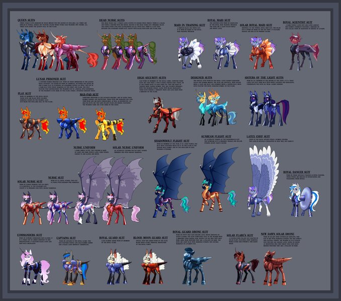 Size: 2048x1813 | Tagged: safe, artist:parrpitched, derpibooru import, oc, oc:aurora dusk(fireverse), oc:camp fire(fireverse), oc:candor champion, oc:crimson skies(fireverse), oc:doctor sunset glory(fireverse), oc:fireheart(fire), oc:iron glamour, oc:lady lightning strike, oc:midnight wind(fireverse), oc:midsummer song(fireverse), oc:nurse lavender blossom, oc:ocean breeze(fireverse), oc:plum pudding(fireverse), oc:queen heartimis, oc:queen lunaris, oc:queen tiara, oc:solar flare(fire), oc:solar flares drones, oc:stellaria royal guard drones, oc:summer breeze(fireverse), unofficial characters only, alicorn, bat pony, pegasus, concave belly, fireheart76's latex suit design, image, infographic, jpeg, large wings, latex, latex suit, prisoners of the moon, reference sheet, rubber, rubber suit, wings